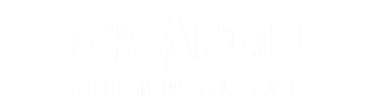 Black and white graphic with the text "Rock Aholix" in distressed font, and the tagline "Addicted to Rock" beneath it.