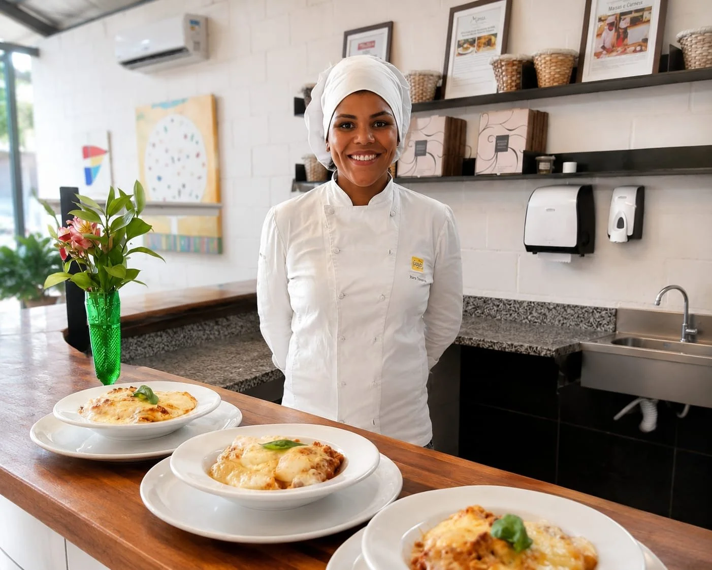 Mulher sorridente vestida com avental branco, usando touca, diante de três pratos de lasanha na bancada de um restaurante.
