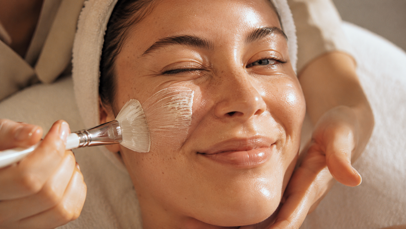 A woman receiving a facial treatment, with a brush applying a cream or mask to her cheek as she relaxes and smiles.
