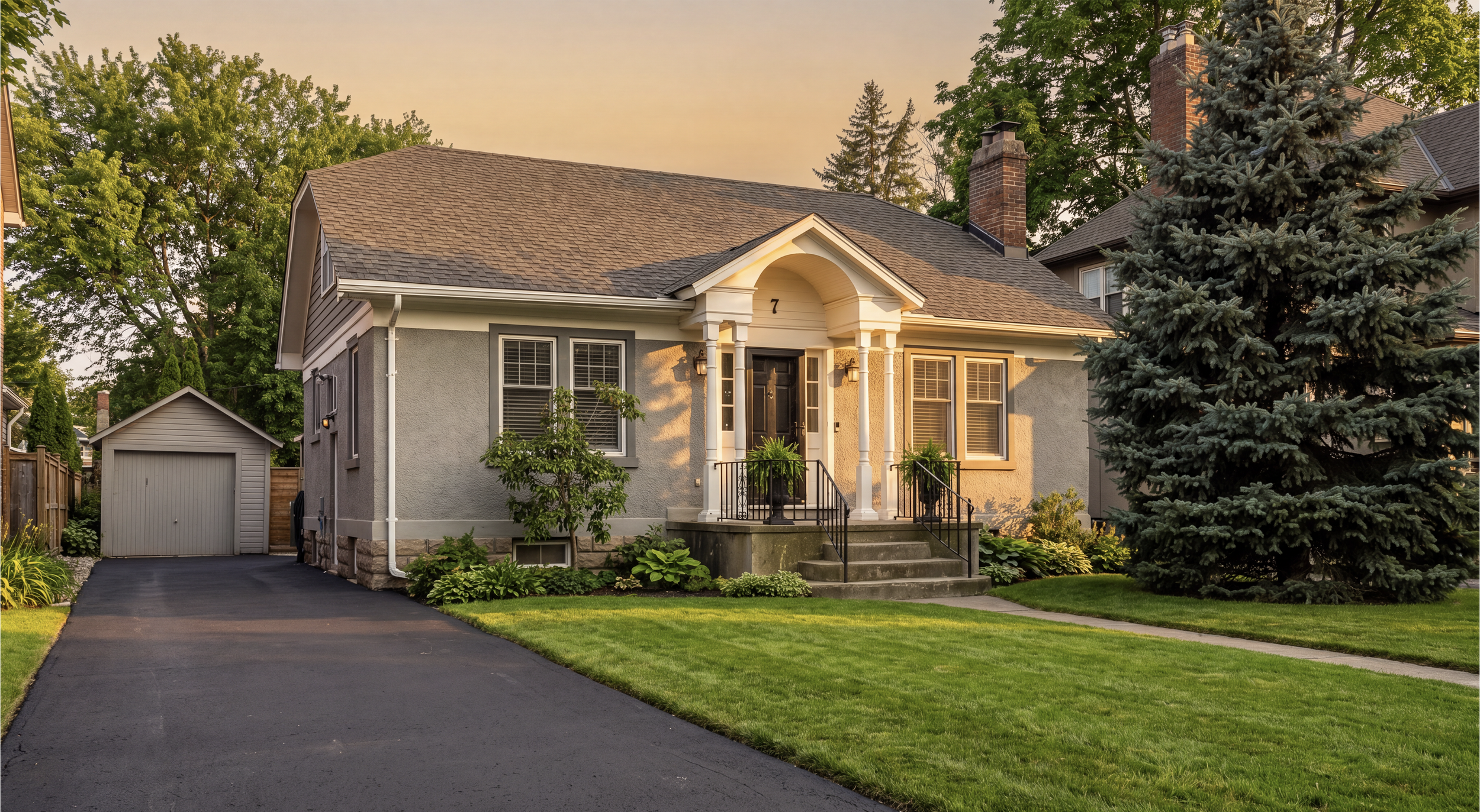A cozy single-family house with a well-maintained front yard, a black door, a staircase with black railings, windows with shutters, a small garden with shrubs, a driveway leading to a detached garage, and a tall pine tree, captured at sunset.