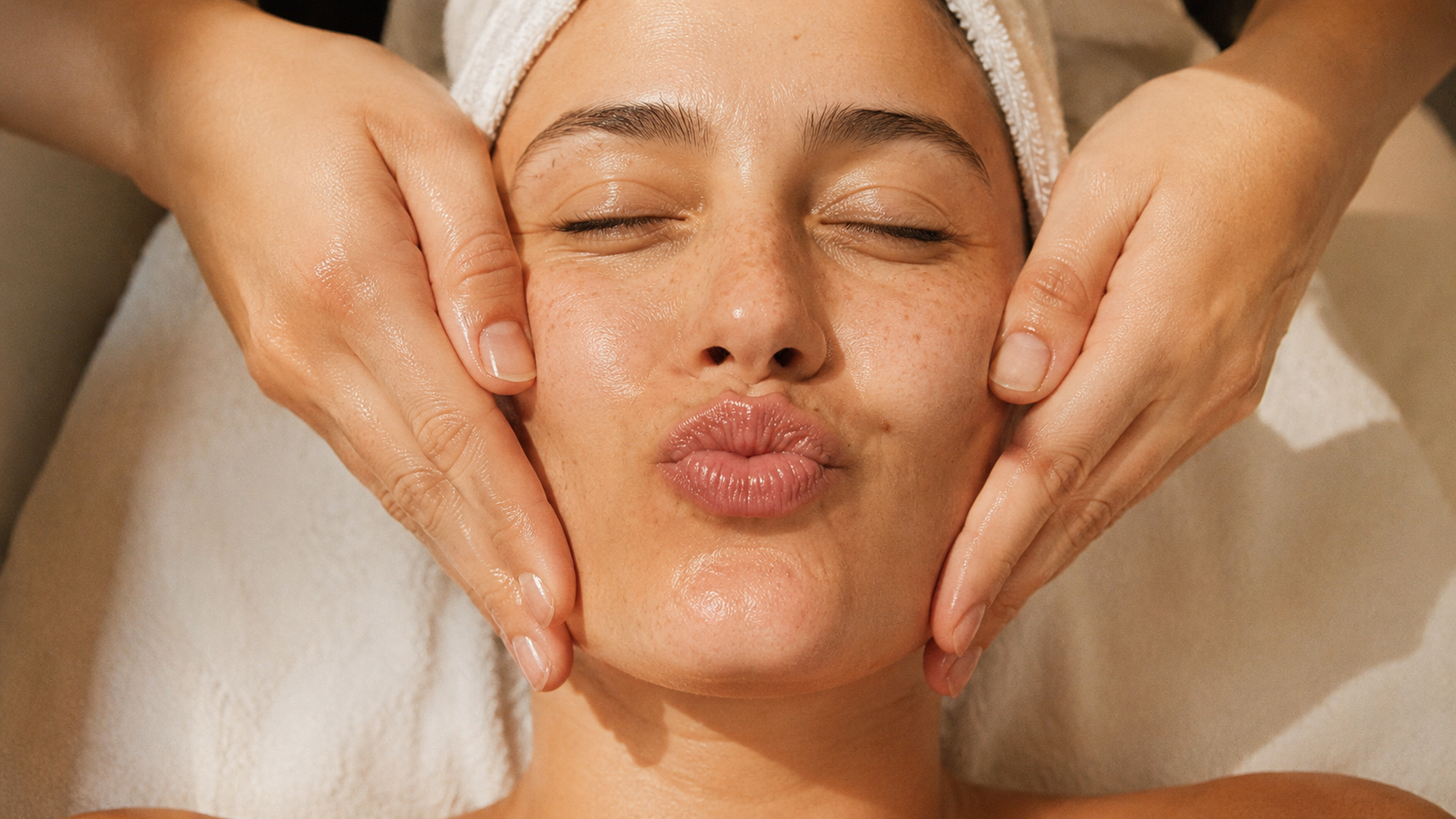 A woman receiving a face massage at a spa, with her eyes closed and lips puckered.