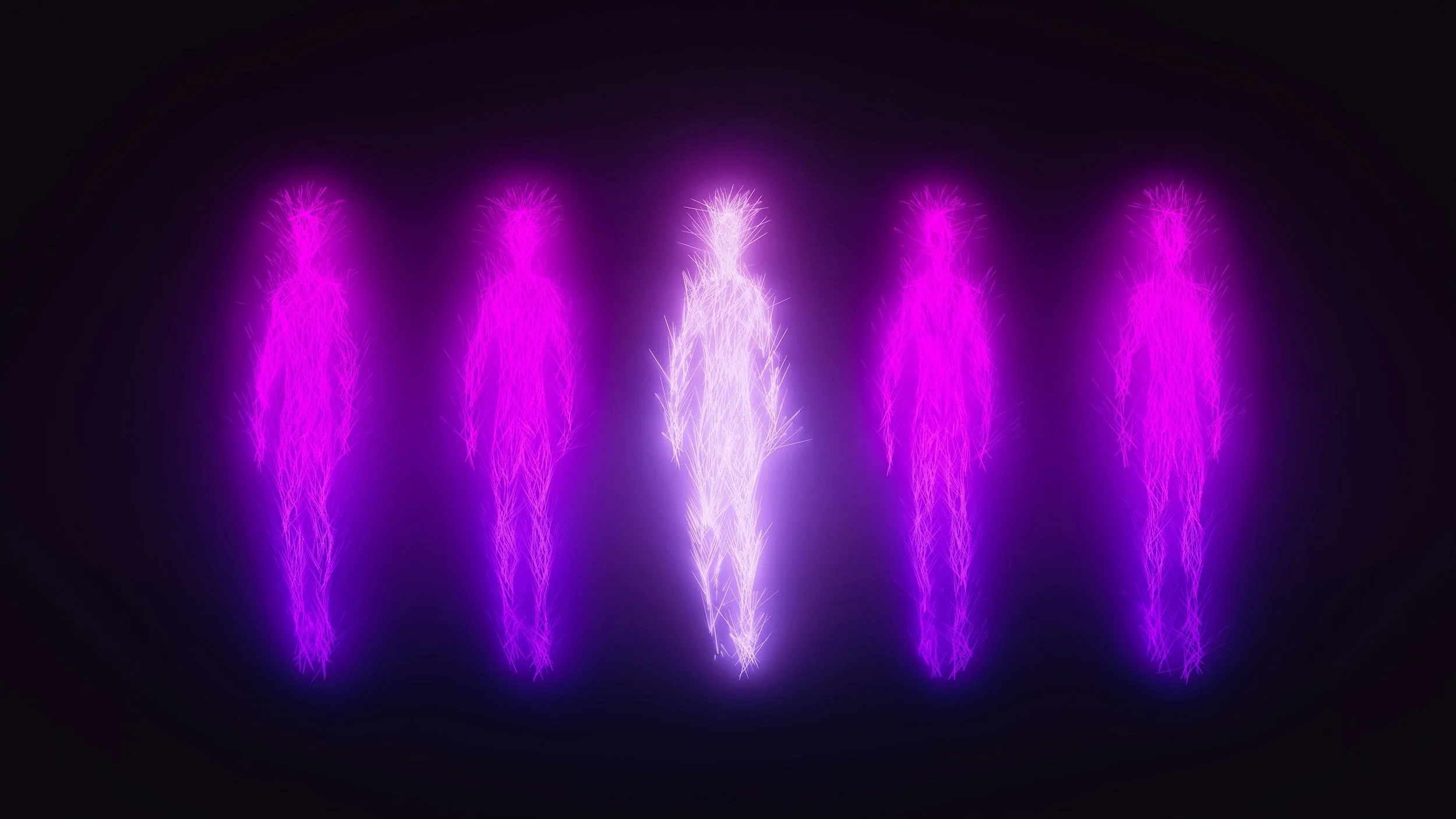 Colorful laser light display with purple and white streaks against a black background.