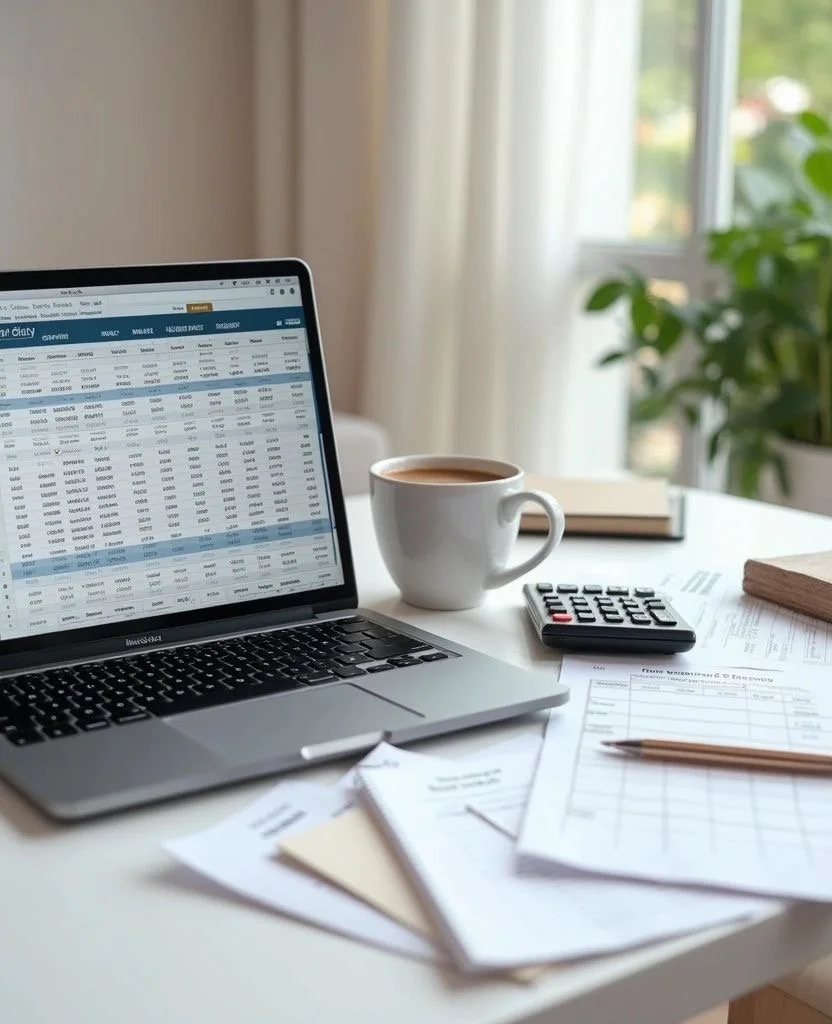 Work desk with a laptop displaying a spreadsheet, a cup of coffee, a calculator, papers, a closed book, and a plant near a window.