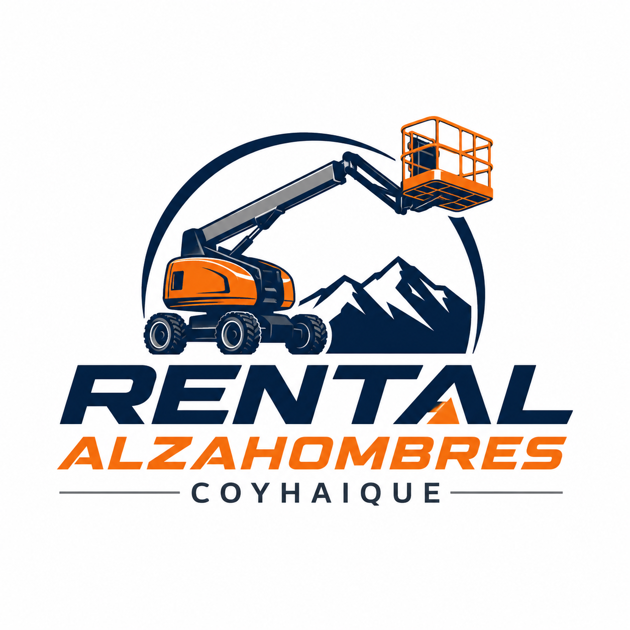 Logotipo de alquiler de maquinaria con un telescópico en primer plano, montañas en el fondo, en colores naranja y azul, con el texto 'Rental Alzhombres Coyhaique'.