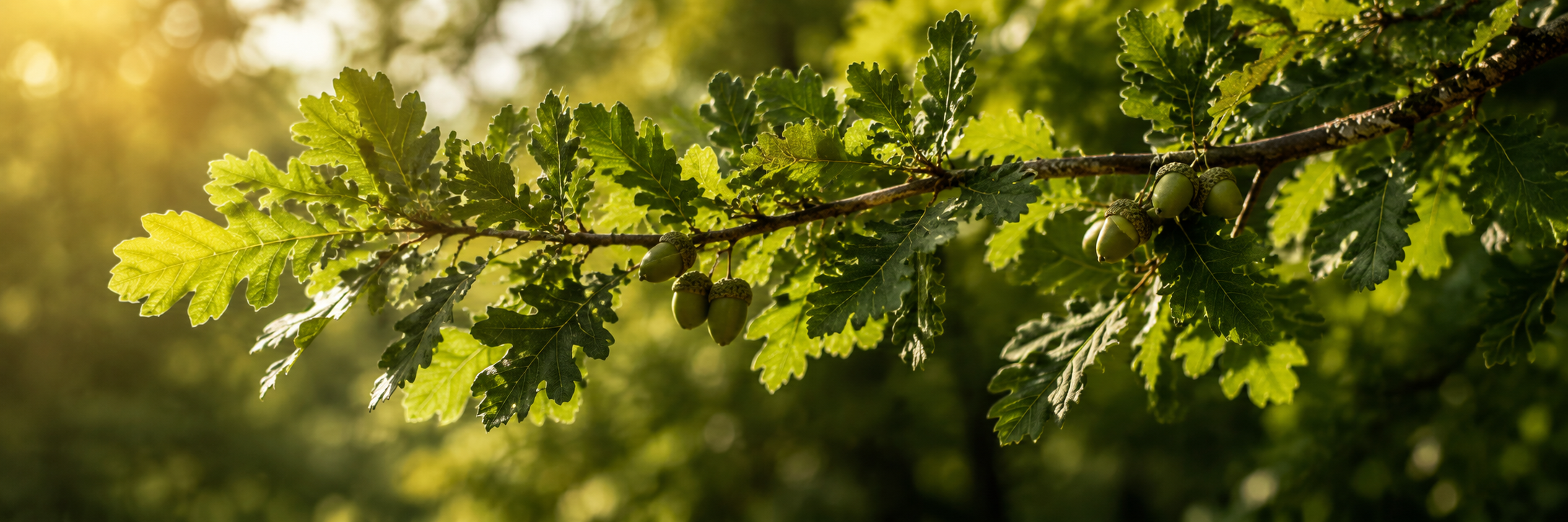 Sunlit oak tree branch with green leaves and acorns representing the White Oak Talent Solutions brand.