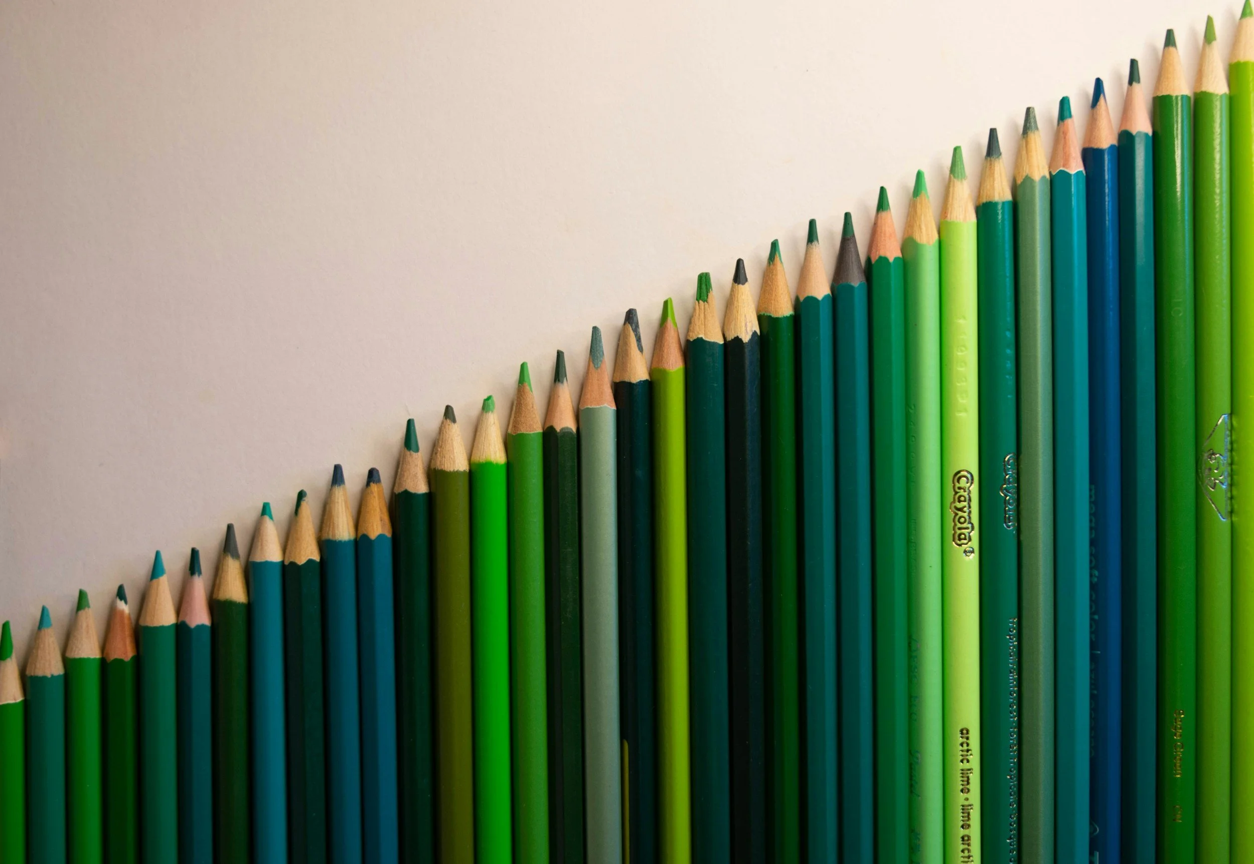 A collection of colored pencils arranged upright in a row, with shades of green, blue, black, grey, and pink, on a white surface.