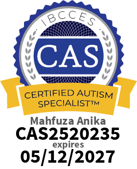 Certification badge for a Certified Autism Specialist, issued by the Behavior Analyst Certification Board, with the name Mahfuz Anika, and an expiration date.