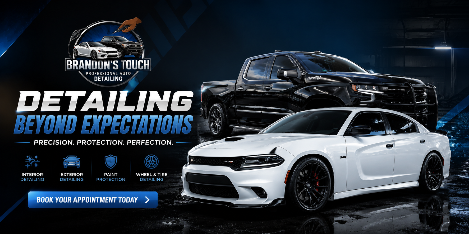 Promotional graphic for Brandon's Touch auto detailing services featuring a white sports car and a black pickup truck, with text about detailing beyond expectations, and icons for interior, exterior, paint, and wheel & tire detailing.