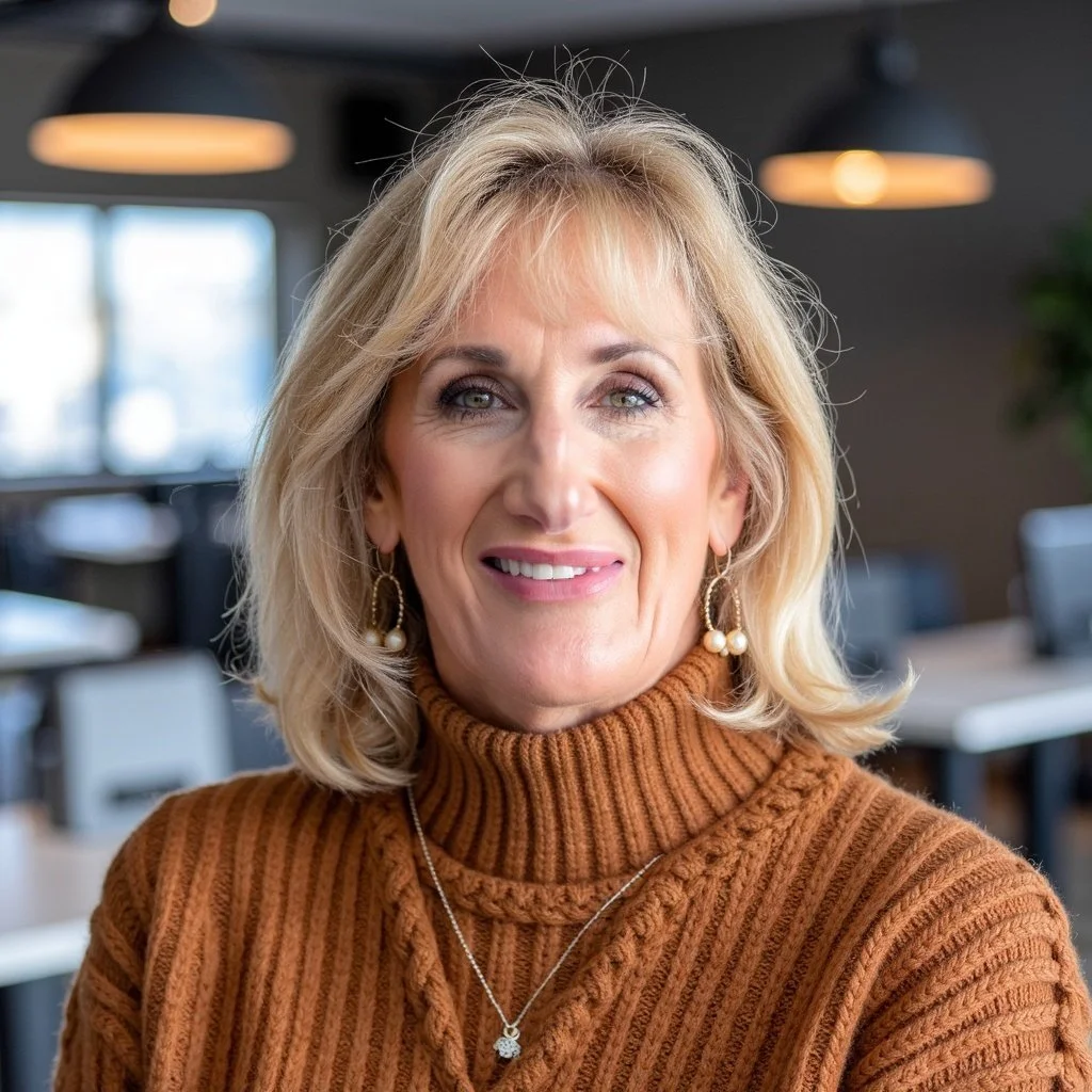 A smiling middle-aged woman with blonde hair in a striped brown turtleneck sweater, wearing pearl and gold earrings, in a modern office setting.