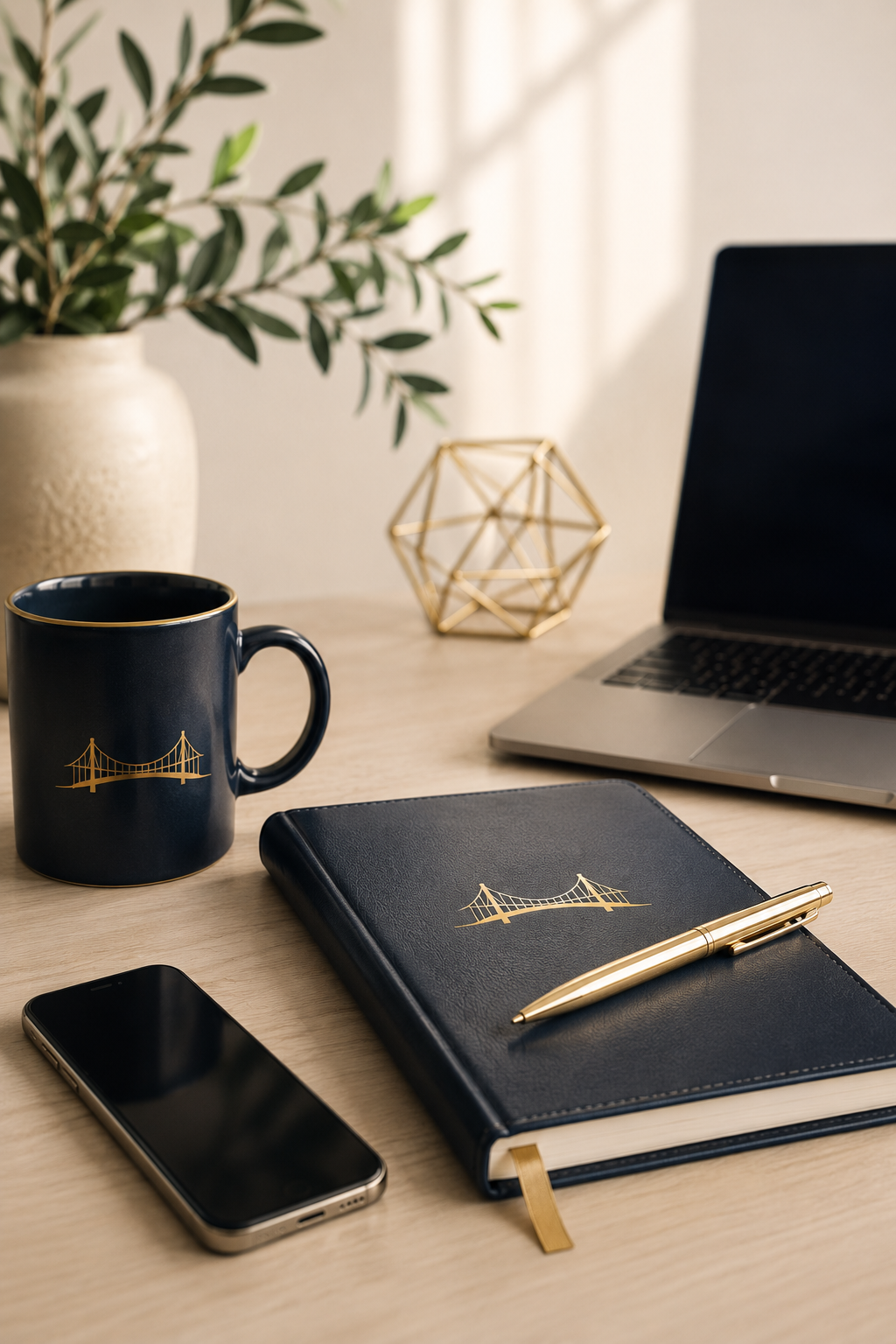A desk setup with a laptop, a navy blue notebook with a gold bridge logo, a gold pen, a smartphone, a navy blue mug with a gold bridge, a potted plant, a decorative geometric object, and natural light in the background.