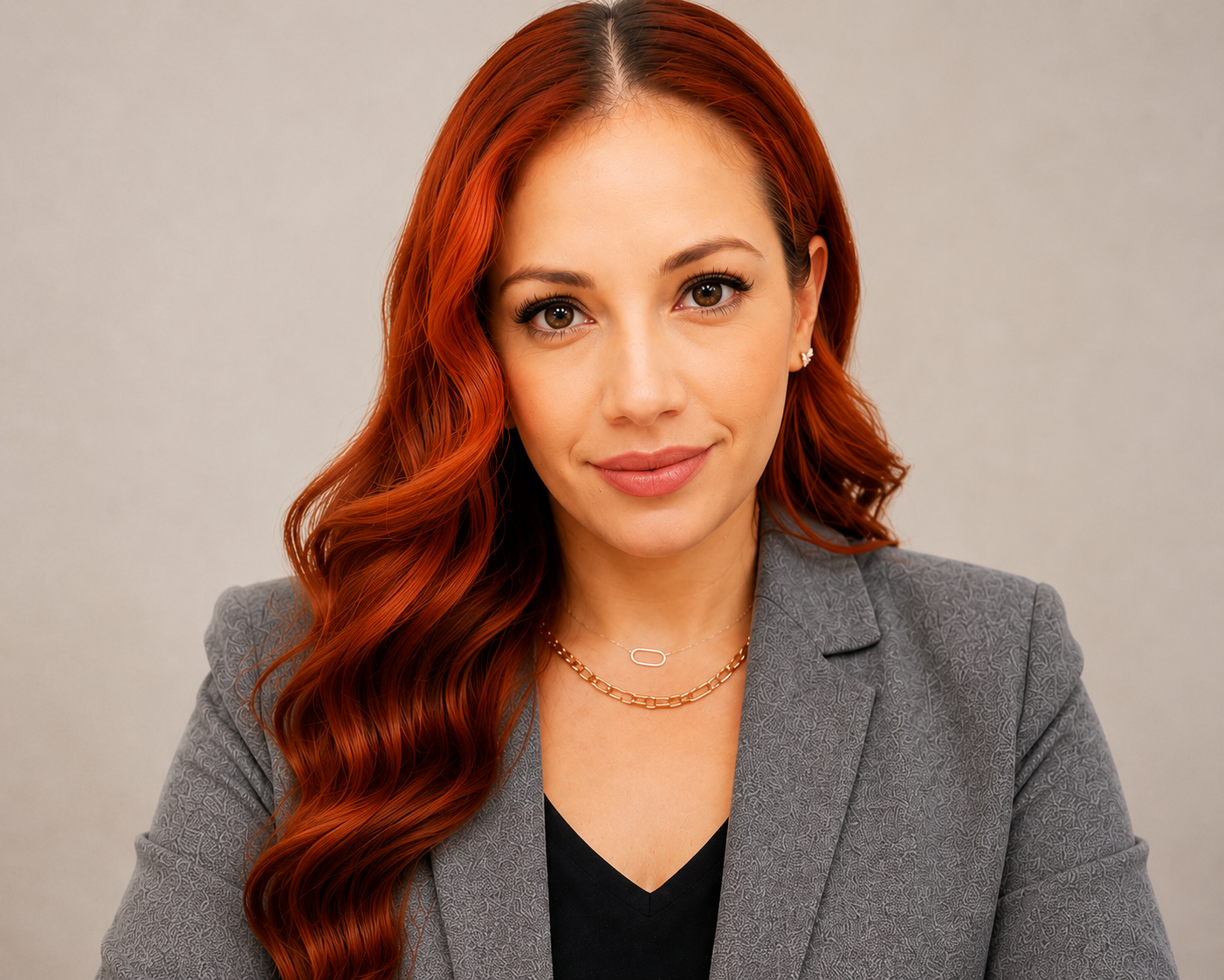 A woman with long, wavy red hair, wearing a gray blazer and a black top, smiling softly at the camera against a neutral background.