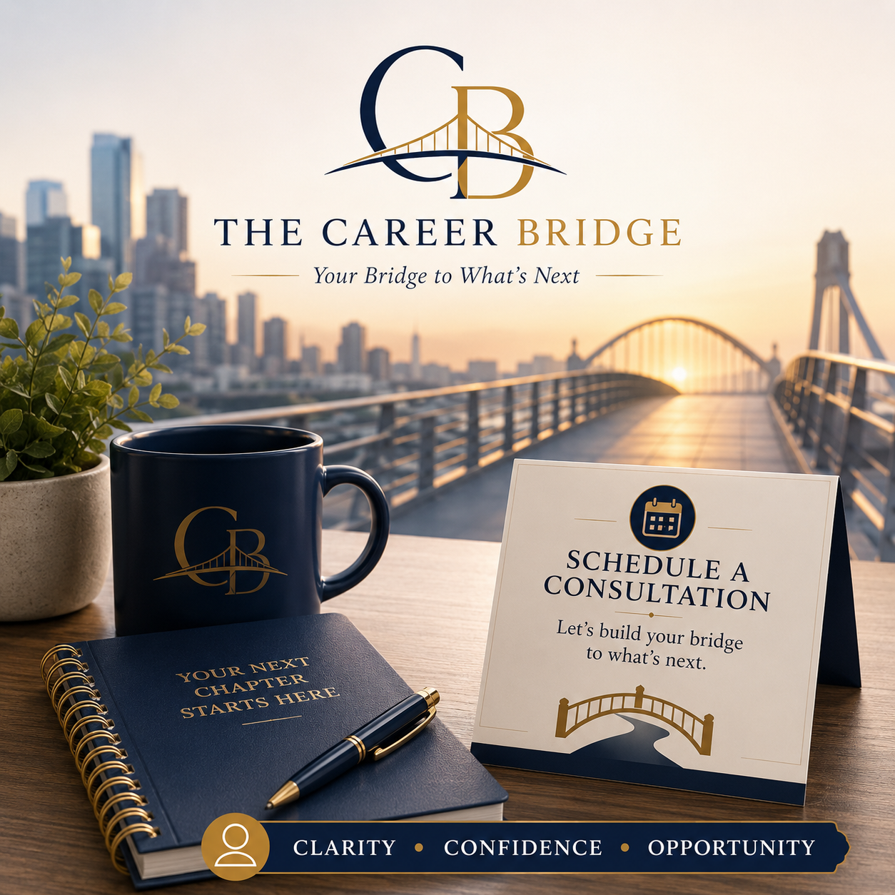 A promotional image for The Career Bridge featuring a city skyline, a bridge, a coffee mug, a notebook, and a sign for scheduling consultations, with keywords Clarity, Confidence, Opportunity.