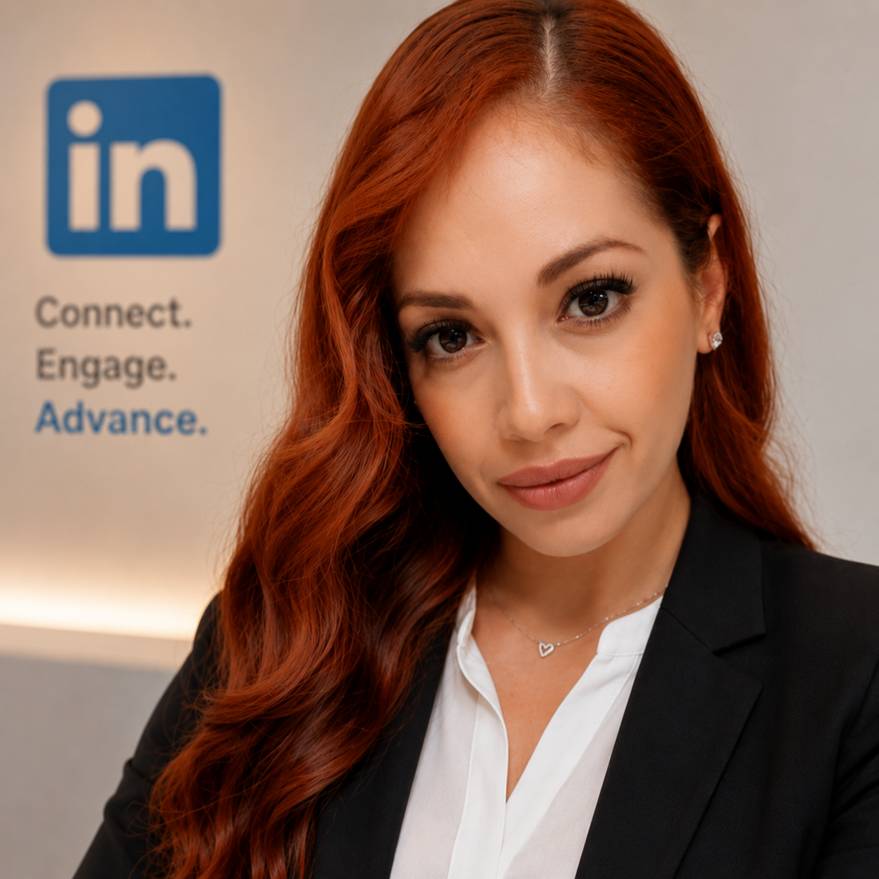 A woman with red hair and a friendly smile stands in front of a LinkedIn banner that reads "Connect. Engage. Advance." in blue and black text.