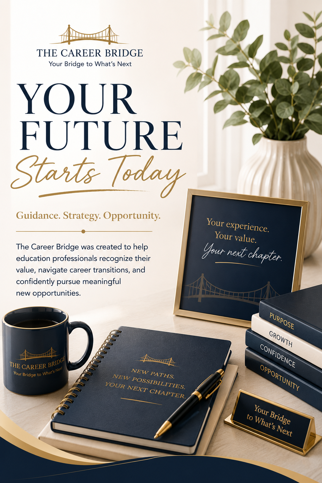 A promotional display for The Career Bridge showcasing a coffee mug, a notebook, a framed sign, a stack of books titled 'Purpose,' 'Growth,' 'Confidence,' and 'Opportunity,' and a small sign that says 'Your Bridge to What's Next.' The setup is on a light-colored desk with a vase of green leaves in the background.
