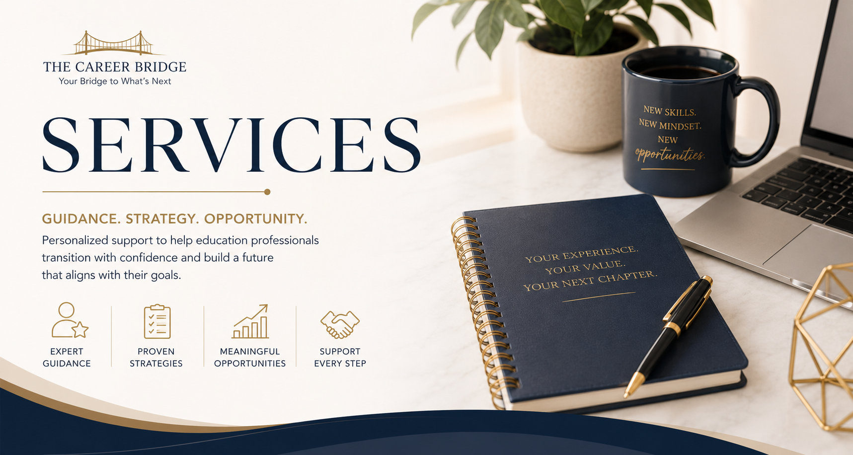 A promotional graphic for 'The Career Bridge' featuring a navy notebook with gold text, a gold and black pen, a black coffee mug with gold lettering, a laptop, a potted plant, and minimalistic icons representing guidance, strategies, opportunities, and support on a white desk.