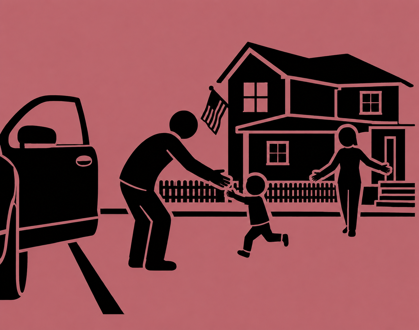 Silhouette of a family greeting each other outside their house on a pink background, with a car parked nearby.