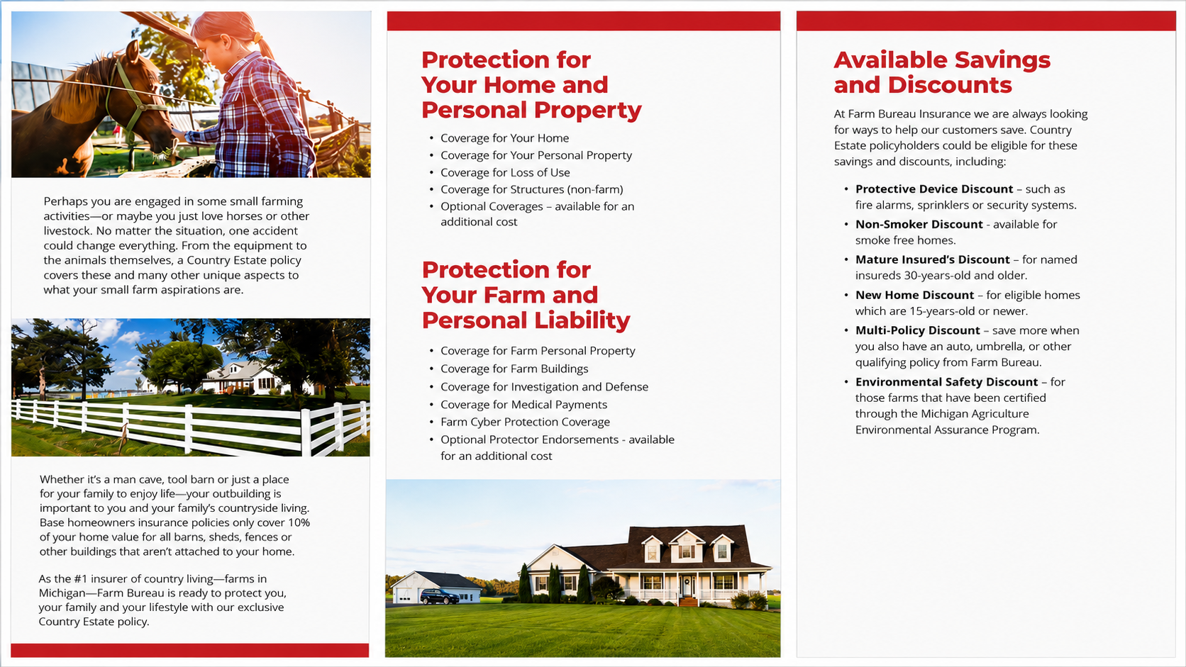 A brochure for Farm Bureau Insurance highlighting insurance coverage for home and farm property, personal liability, and discounts available for eligible policyholders, with images of a girl feeding a horse, a white house surrounded by a white fence, and a large residential home.