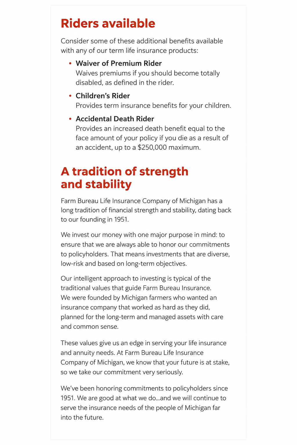 A document about life insurance benefits from Farm Bureau Life Insurance Company of Michigan, listing rider options and emphasizing the company's long tradition of financial stability since 1951.