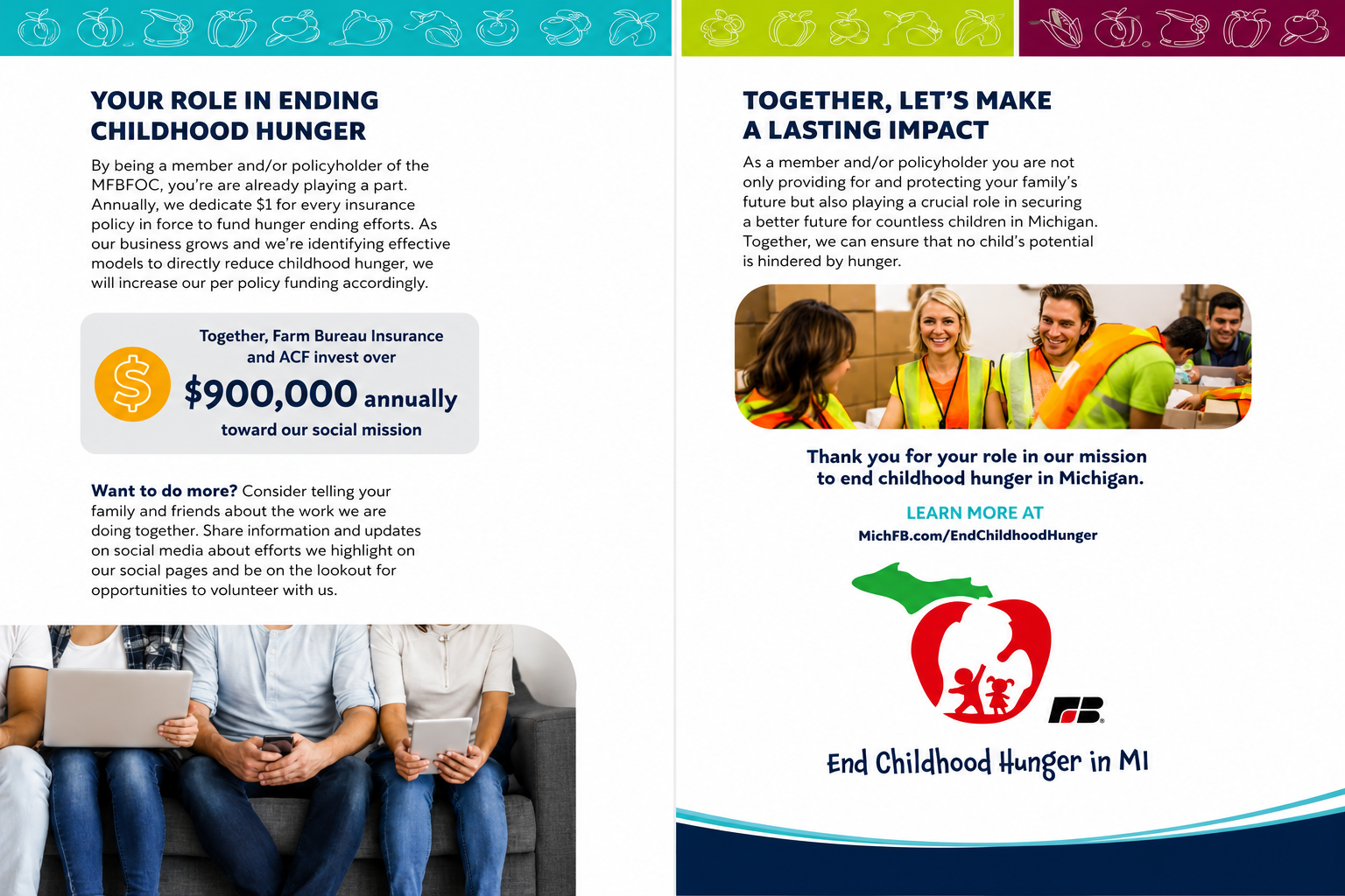 Flyer advocating for ending childhood hunger in Michigan. The left side discusses the organization's role and funding, including a $900,000 annual investment, and encourages sharing efforts on social media. The right side features a group of smiling volunteers or workers in high-visibility vests, a logo of a peach with children inside, and a call to action to learn more at a website linked for ending childhood hunger in Michigan.