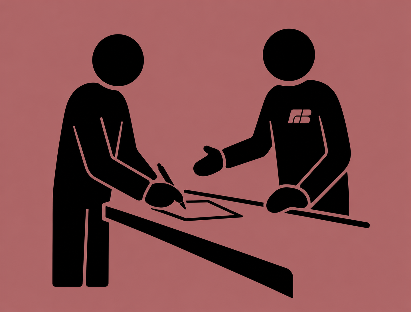 Silhouette of two people in a business meeting, exchanging documents and shaking hands, set against a pink background.