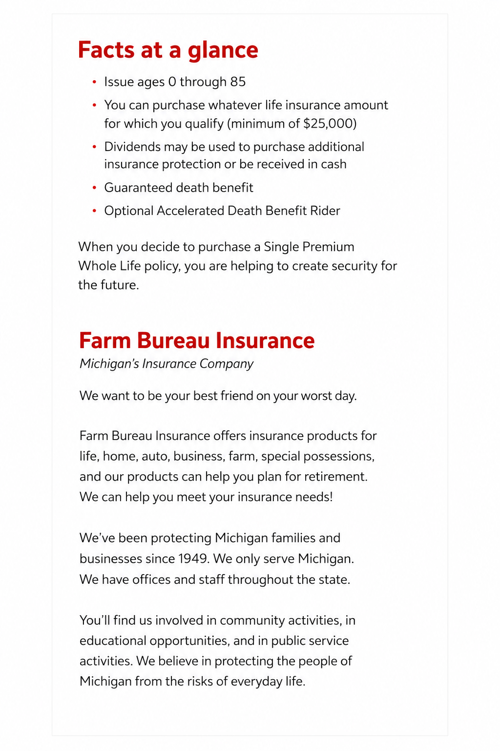 A flyer or informational sheet about insurance companies and policies. It includes sections titled "Facts at a glance" with details about life insurance, and "Farm Bureau Insurance" with information about the company's history and services.