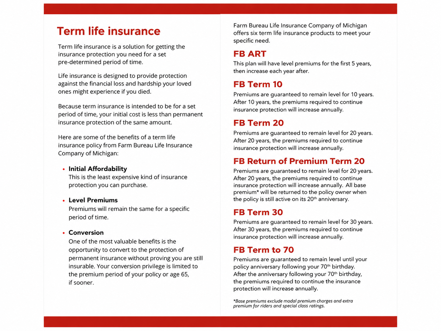 A brochure page explaining term life insurance options from Farm Bureau Life Insurance Company of Michigan, including benefits and specific policy plans with varying durations.