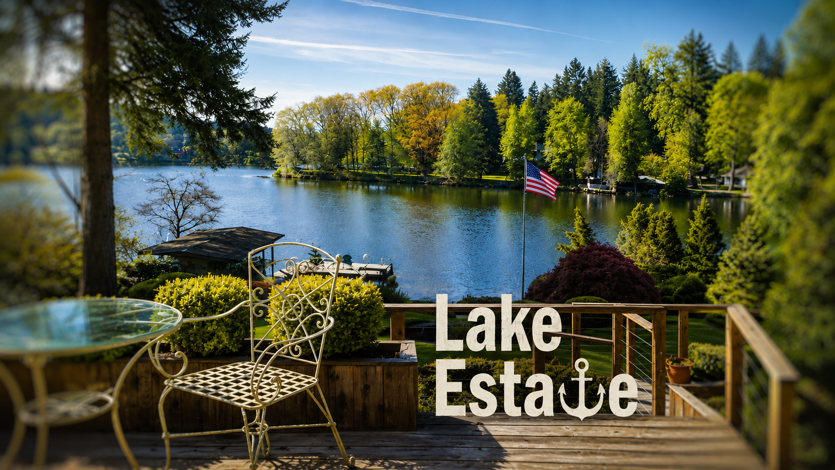 A lakeside scene viewed from a wooden deck with a white metal chair and table, overlooking a calm lake surrounded by lush trees with autumn foliage. An American flag is flying near the deck, which has a sign reading 'Lake Estate' with an anchor symbol. There is a boat on the water and a shoreline with houses visible in the background.