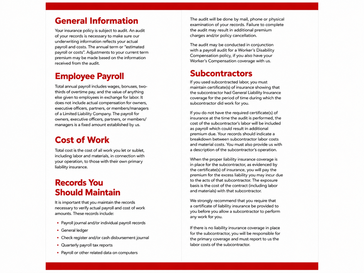 A document page with red headings, containing information about general insurance policies, employee payroll, cost of work, records to maintain, and subcontractors in a worker’s compensation or payroll audit context.