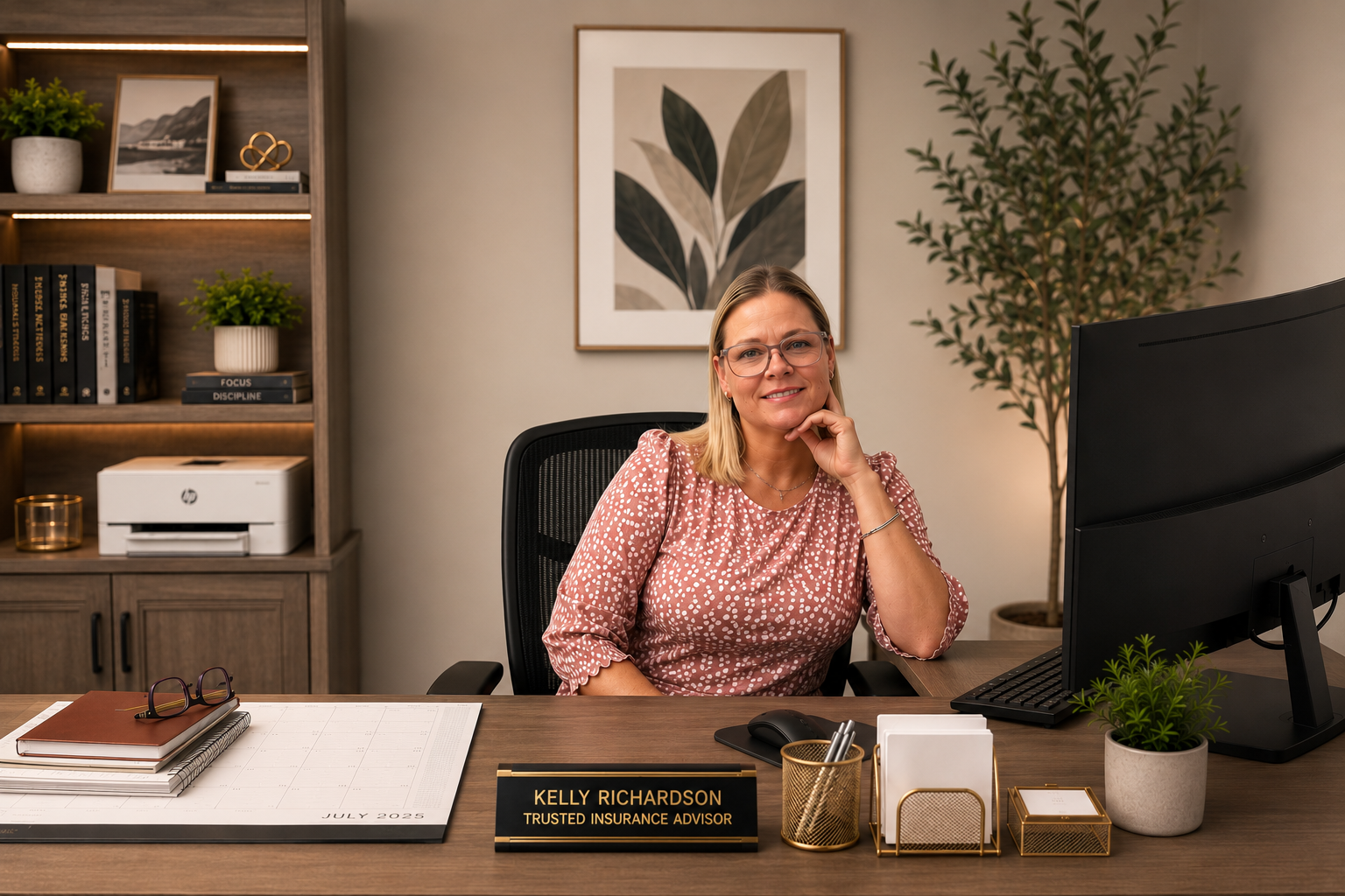 A woman sitting at a desk in an office, smiling, with a nameplate that reads 'Kelly Richardson, Trusted Insurance Advisor', a computer monitor, books, plants, and office supplies.