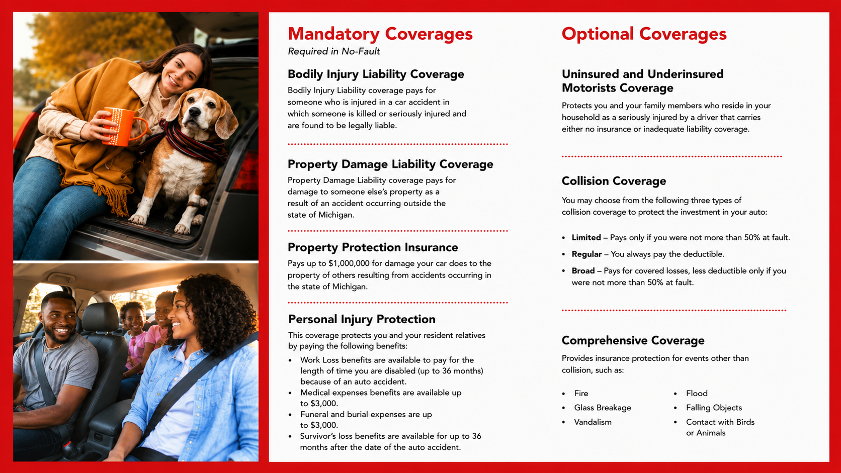 Brochure page with two photographs and insurance coverage information. The top photo shows a woman holding a mug and sitting next to a dog inside an open car trunk. The bottom photo depicts a family of five in a car, smiling and enjoying a trip.
