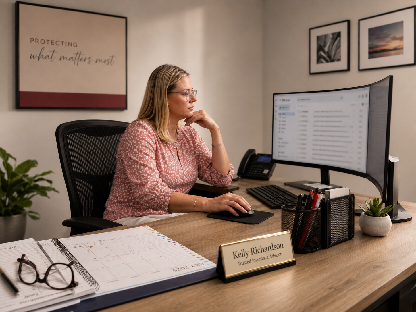 A woman with blonde hair wearing glasses and a pink patterned blouse sitting at an office desk, looking at a computer monitor with email inbox. There are office supplies, a potted plant, and a nameplate reading "Kelly Richardson, Trusted Insurance Advisor" on the desk, with a calendar and glasses nearby.