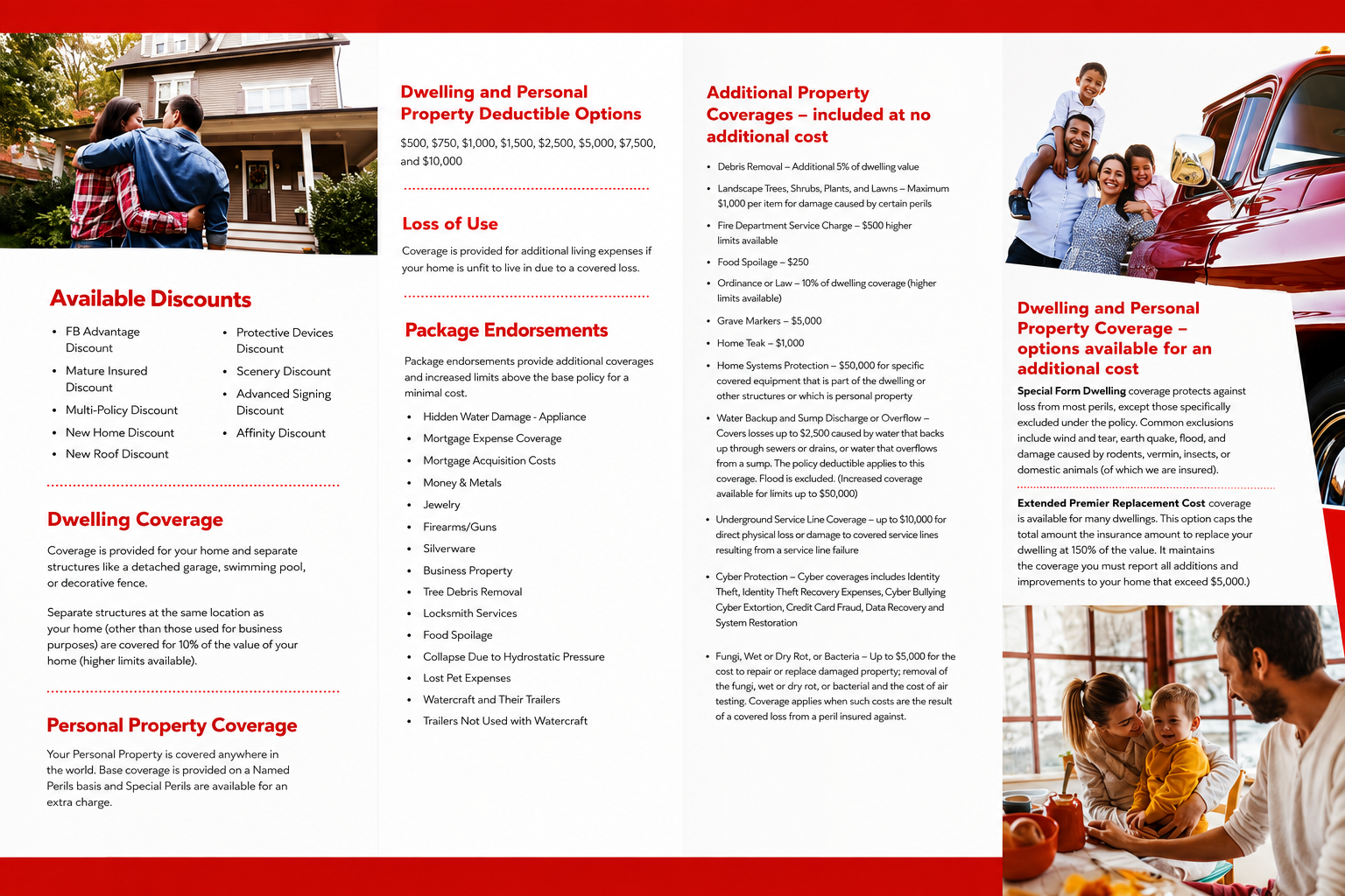 A brochure showcasing various insurance coverage options and discounts, including images of a couple with a child hugging, a family with a young boy and a house, and a woman with a child at a table.
