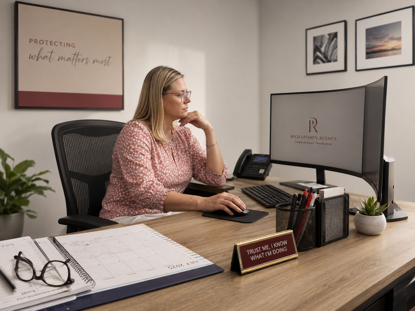 A woman with blonde hair and glasses sitting at a wooden desk in an office, working on a computer. There are a calendar, glasses, and office supplies on the desk, with framed artwork on the wall behind her.
