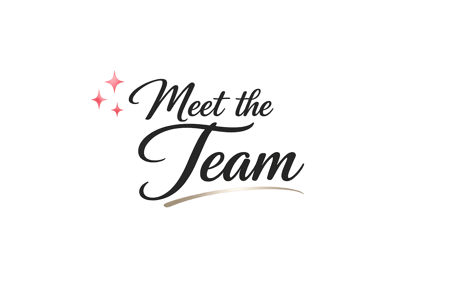 A sign saying "Meet the Team" with three pink stars on the left, neon-like lights in the background, and a mostly dark setting.