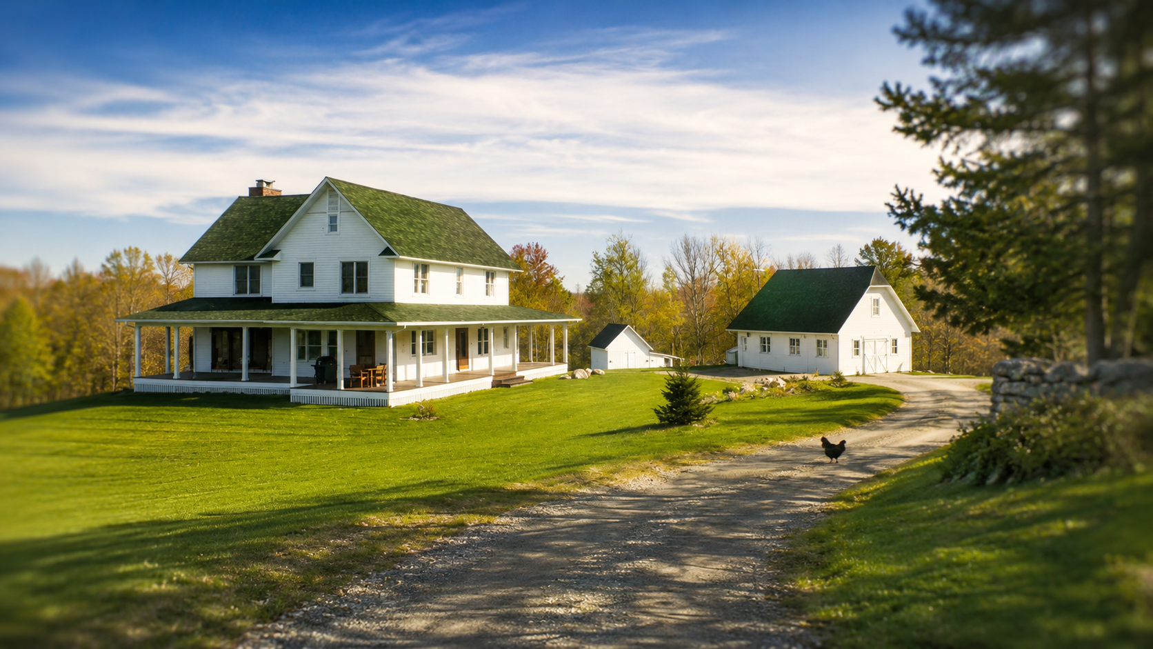A white house with a green roof, surrounded by green lawn and trees, with a small dog on a dirt driveway, under a blue sky with some clouds.