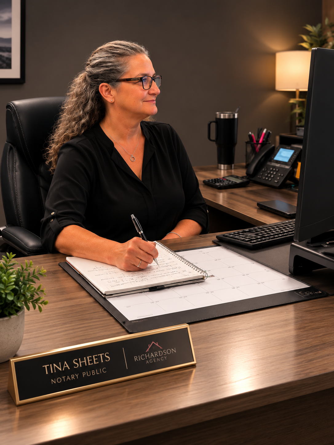 A woman with gray hair, glasses, and a black blouse sitting at a desk in an office, writing in a notebook. There is a nameplate reading 'Tina Sheets, Notary Public' and various office supplies, a computer, and a lamp in the background.