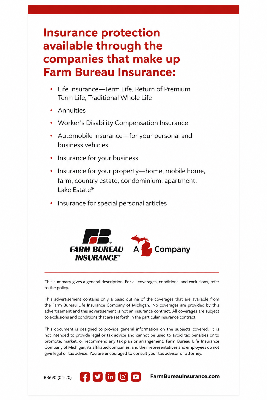 A flyer from Farm Bureau Insurance listing various insurance coverage options including life, annuities, worker's disability, automobile, business, property, and personal articles. The flyer features the Farm Bureau Insurance logo, a red Michigan outline, and social media icons at the bottom.
