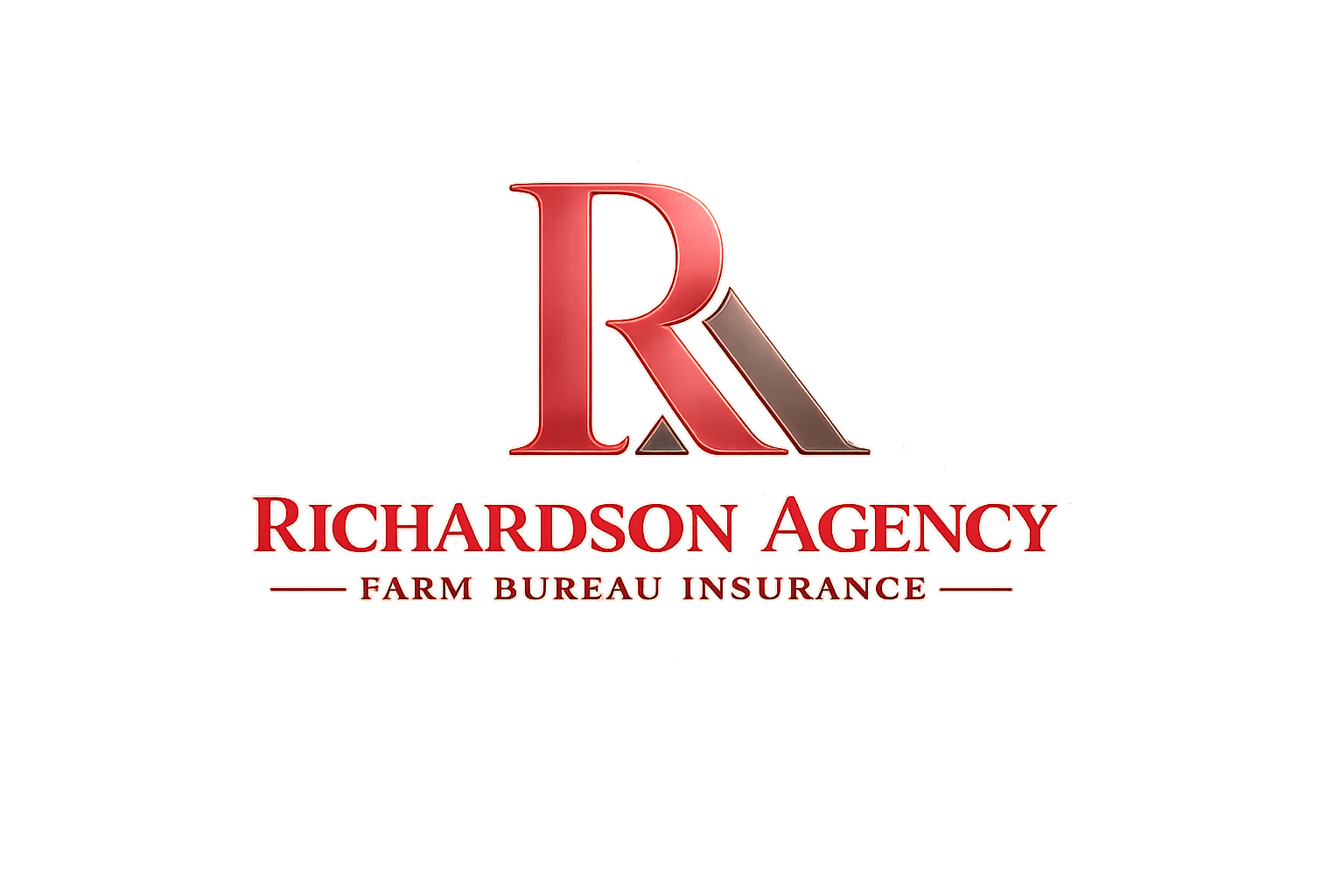 A glowing sign for Richardson Agency, Farm Bureau Insurance, featuring a red and gray stylized 'R' logo on a brown background.