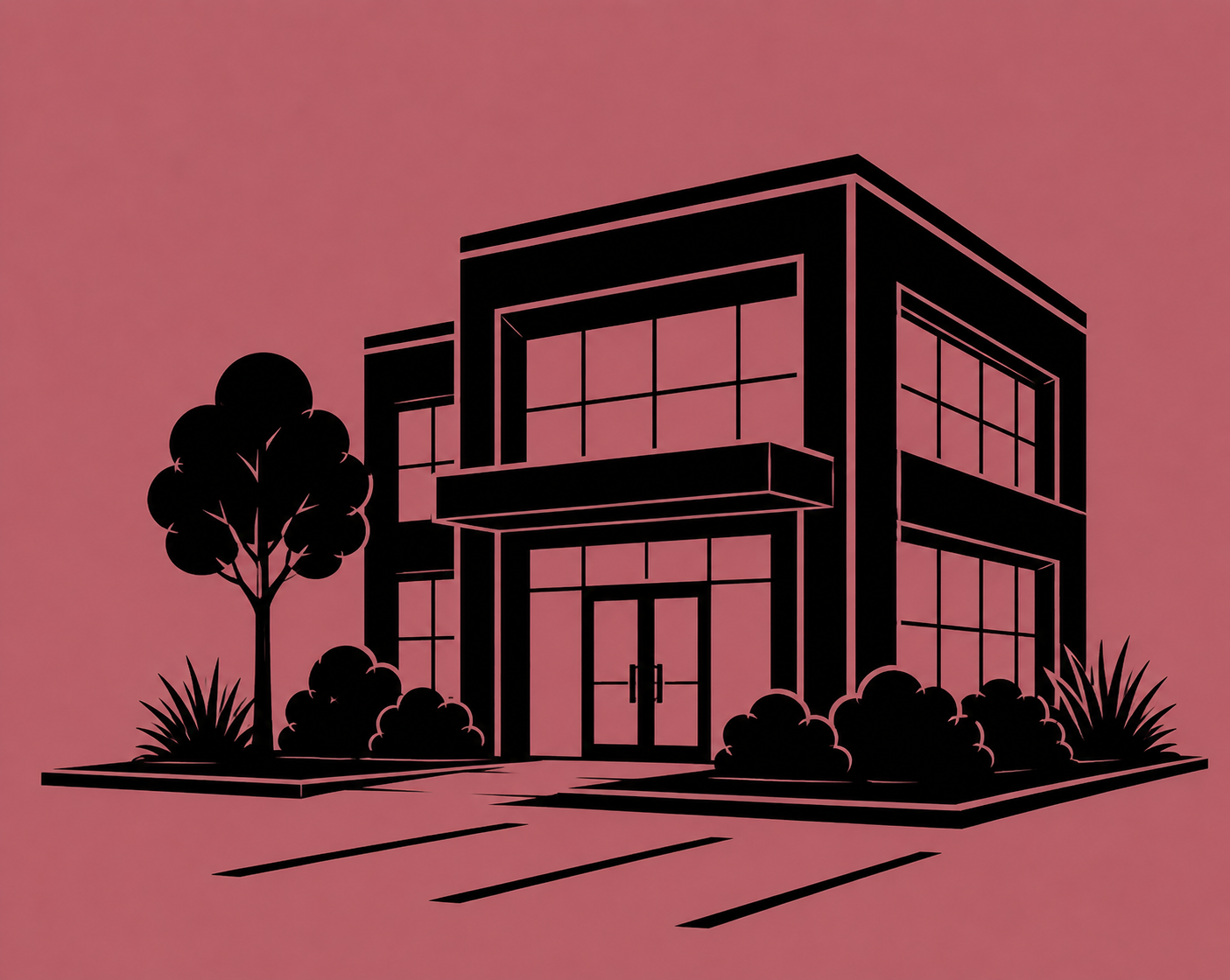 Silhouette of a modern two-story building with large glass windows, surrounded by bushes and trees, on a pink background.