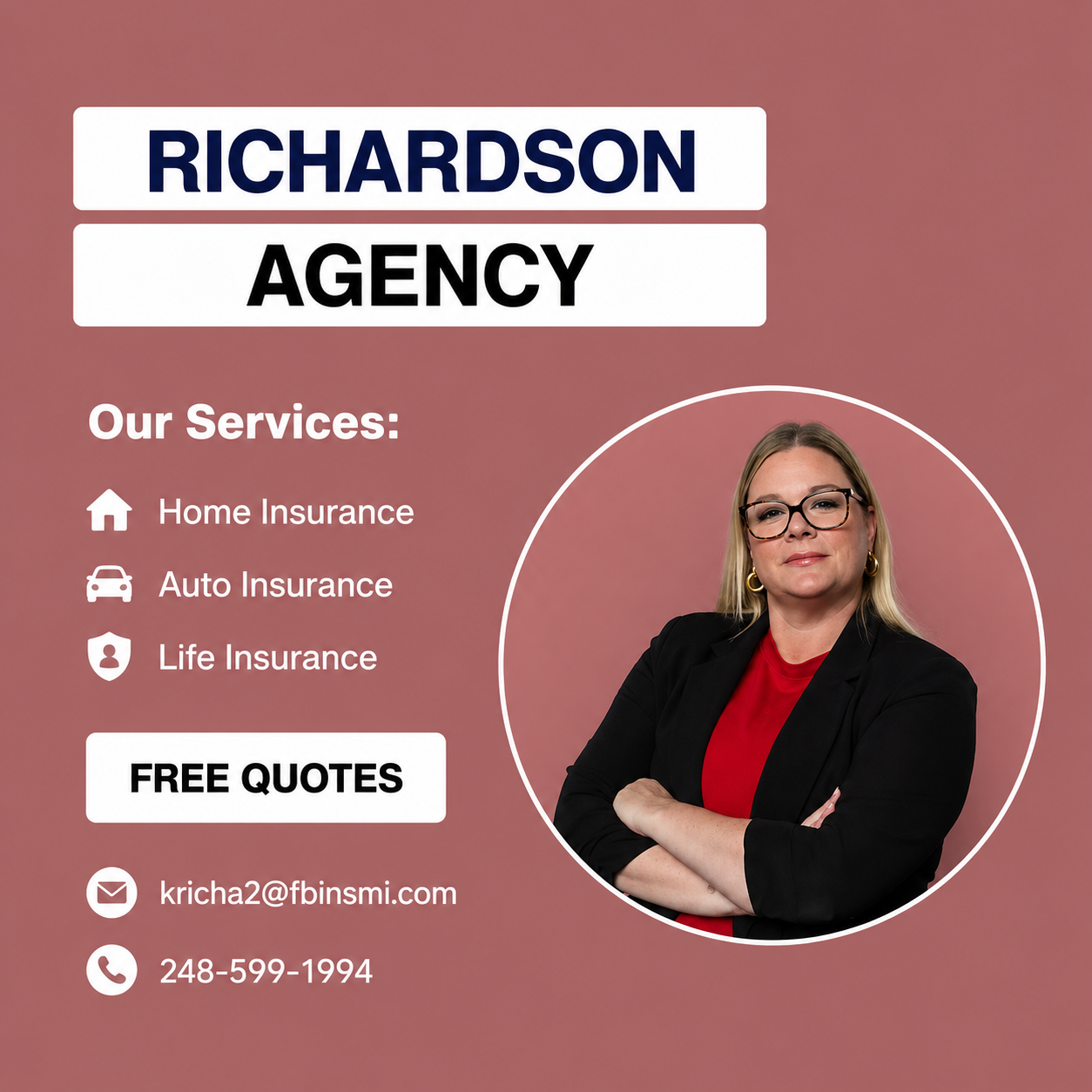 Business card for Richardson Agency featuring services like home, auto, and life insurance, with a professional woman in a black blazer and red shirt, contact email, phone number, and a 'Free Quotes' button.