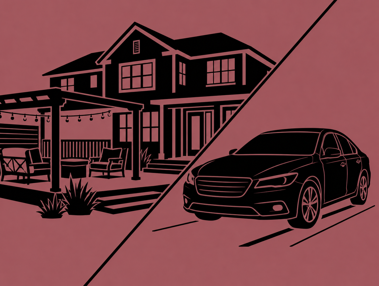 A styled line drawing of a two-story house with outdoor seating under string lights on a deck and a car parked in a driveway, separated by a diagonal line.