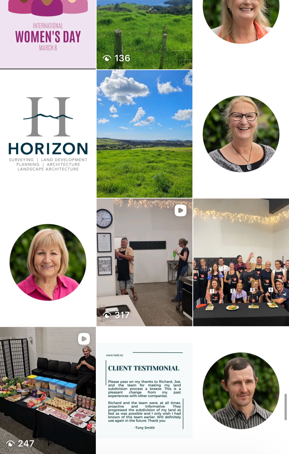 A collage of photos including an International Women's Day poster, scenic countryside with green fields and blue skies, portraits of smiling women, a group of people at an event, a woman sitting in a room with a table of food and supplies, and a client testimonial letter.
