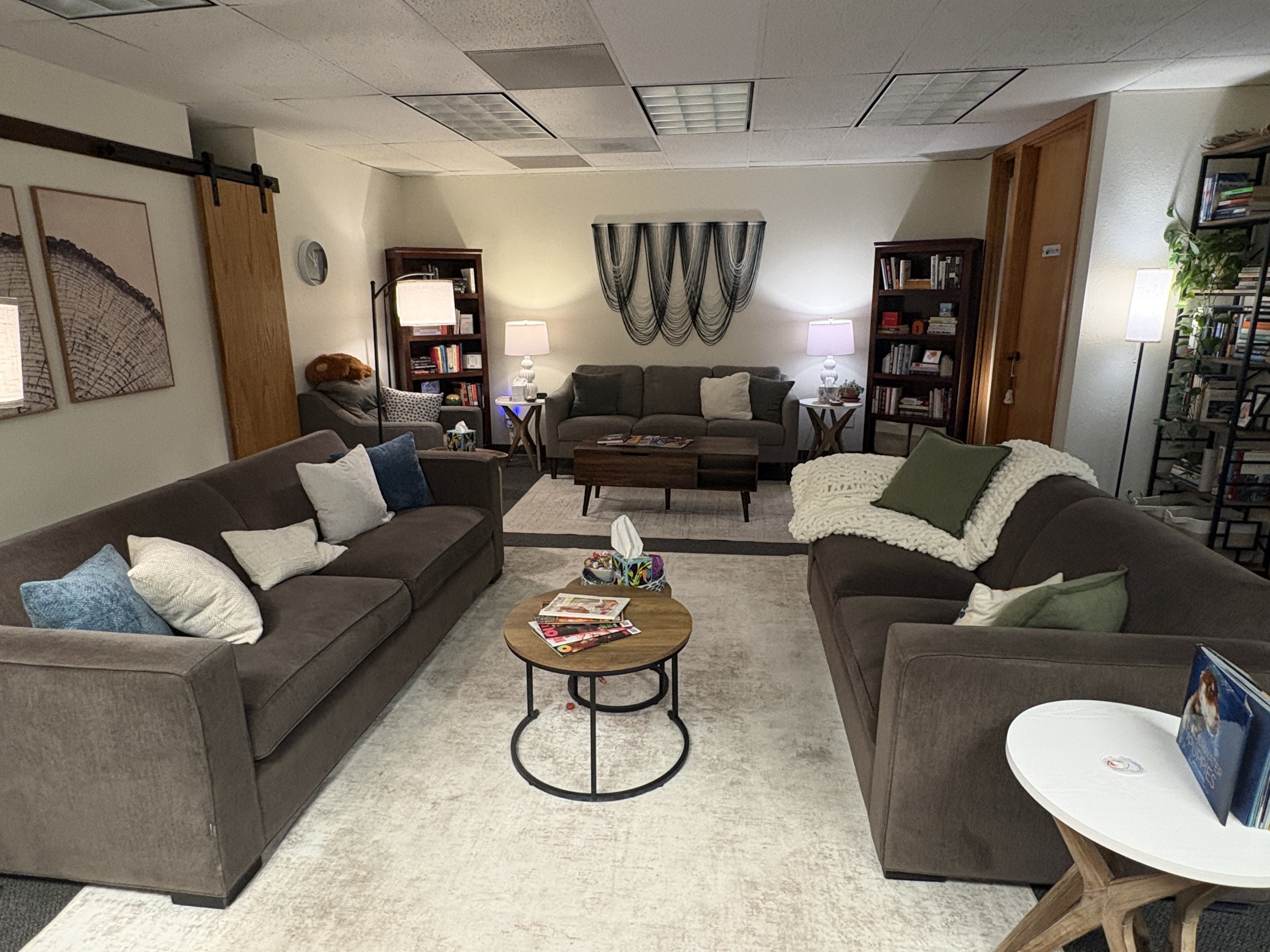 A cozy waiting area with two large gray sofas, a wooden coffee table with magazines, white table lamps, bookshelves filled with books, framed art on the walls, and a ceiling with recessed lighting. There are various pillows and throws on the sofas.
