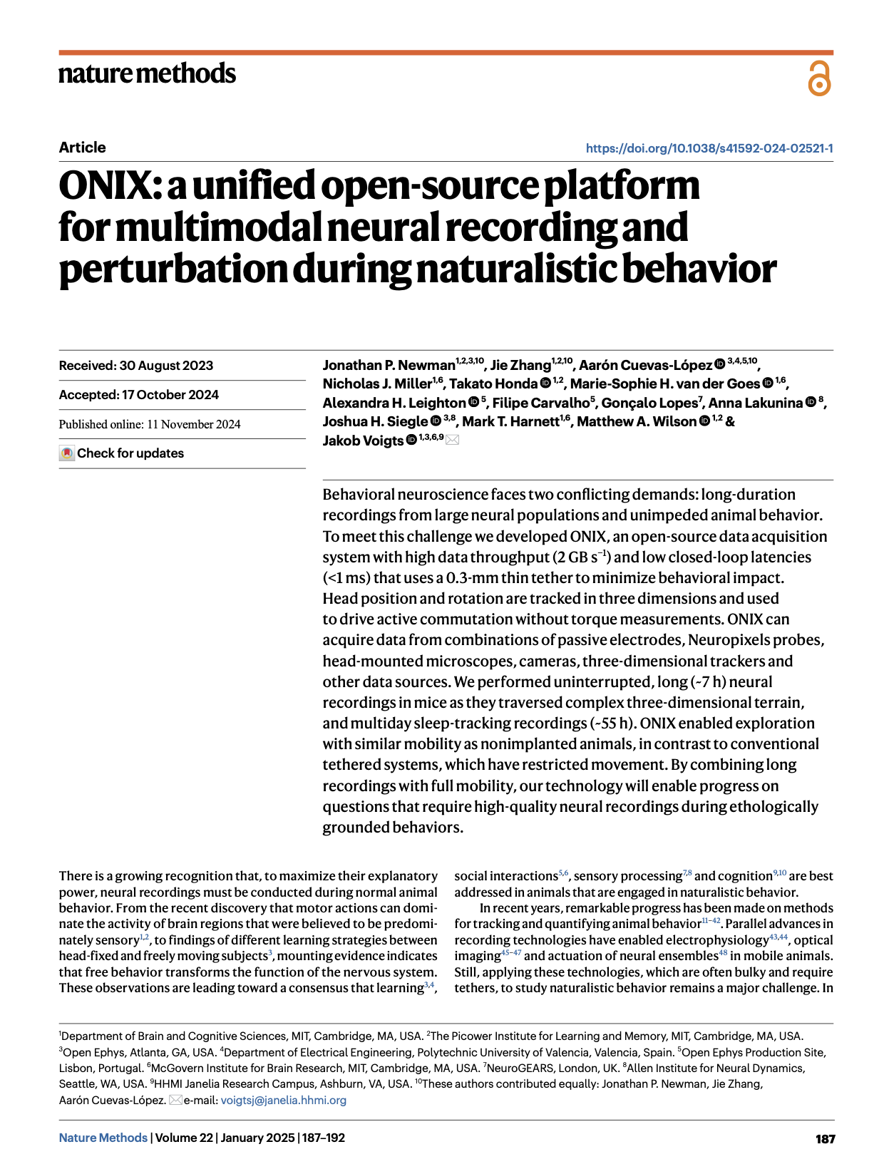 ONIX: a unified open-source platform for multimodal neural recording and perturbation during naturalistic behavior