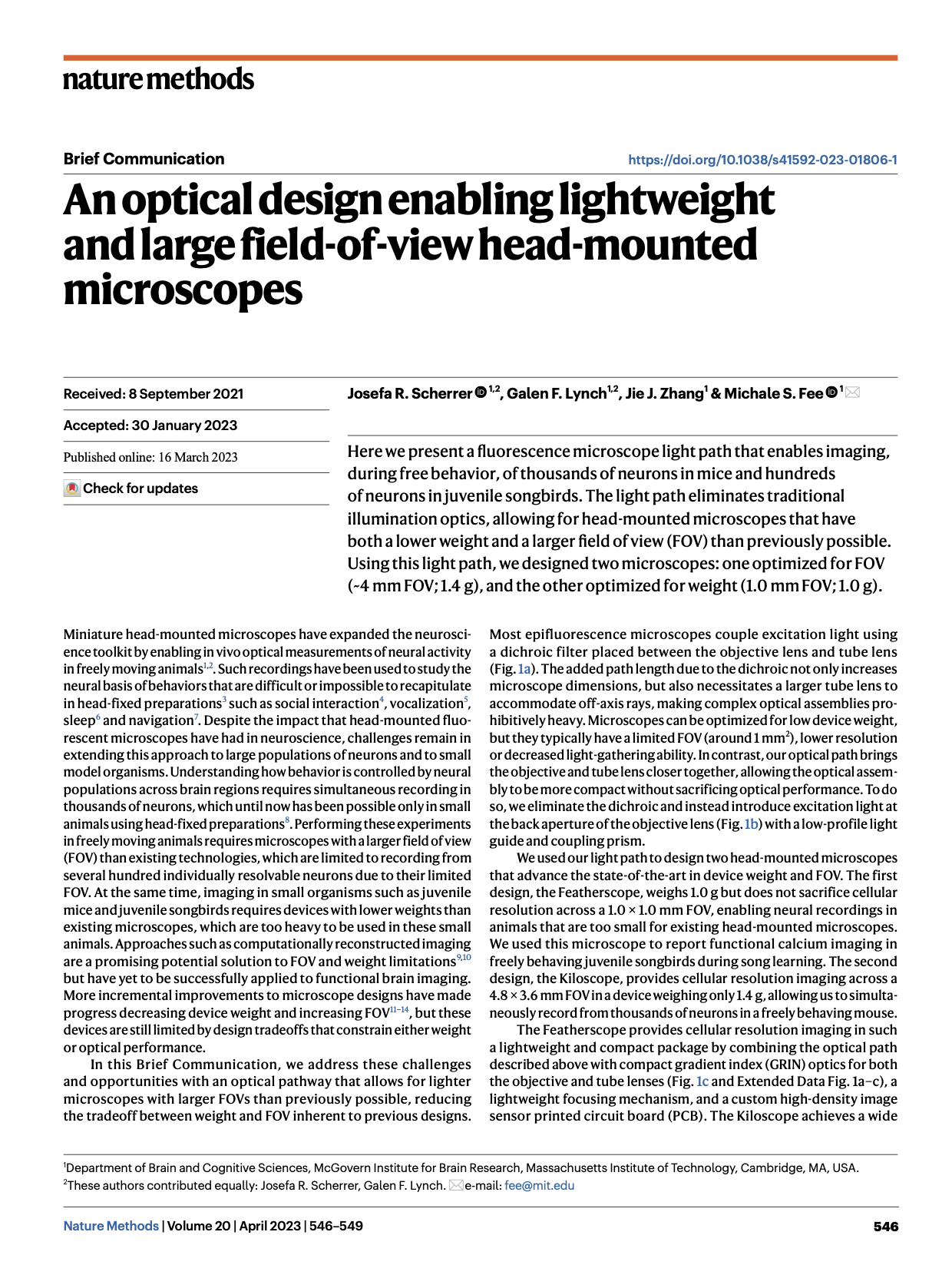 An optical design enabling lightweight and large field-of-view head-mounted microscopes