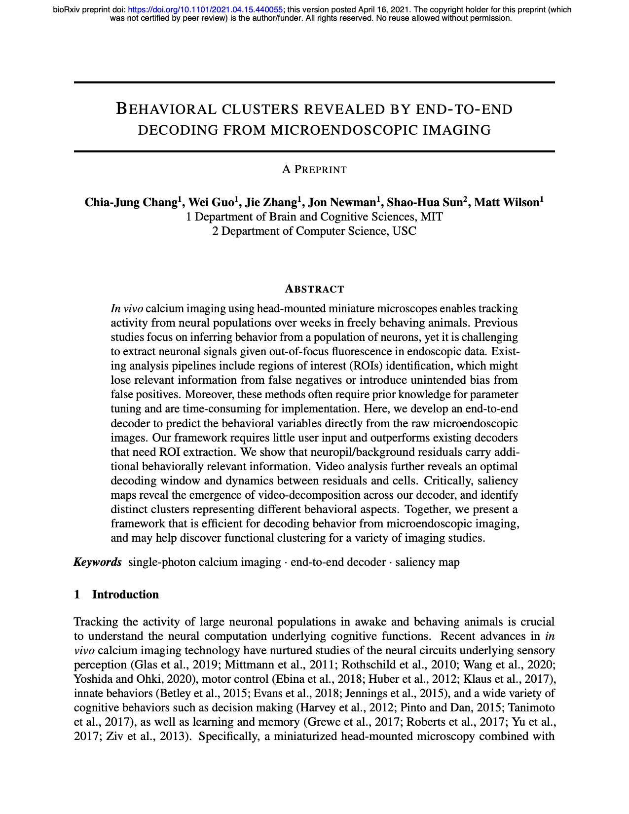 Behavioral clusters revealed by end-to-end decoding from microendoscopic imaging