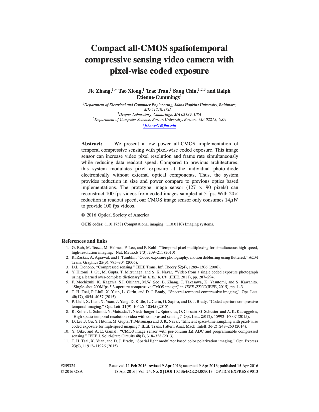 Compact all-CMOS spatiotemporal compressive sensing video camera with pixel-wise coded exposure