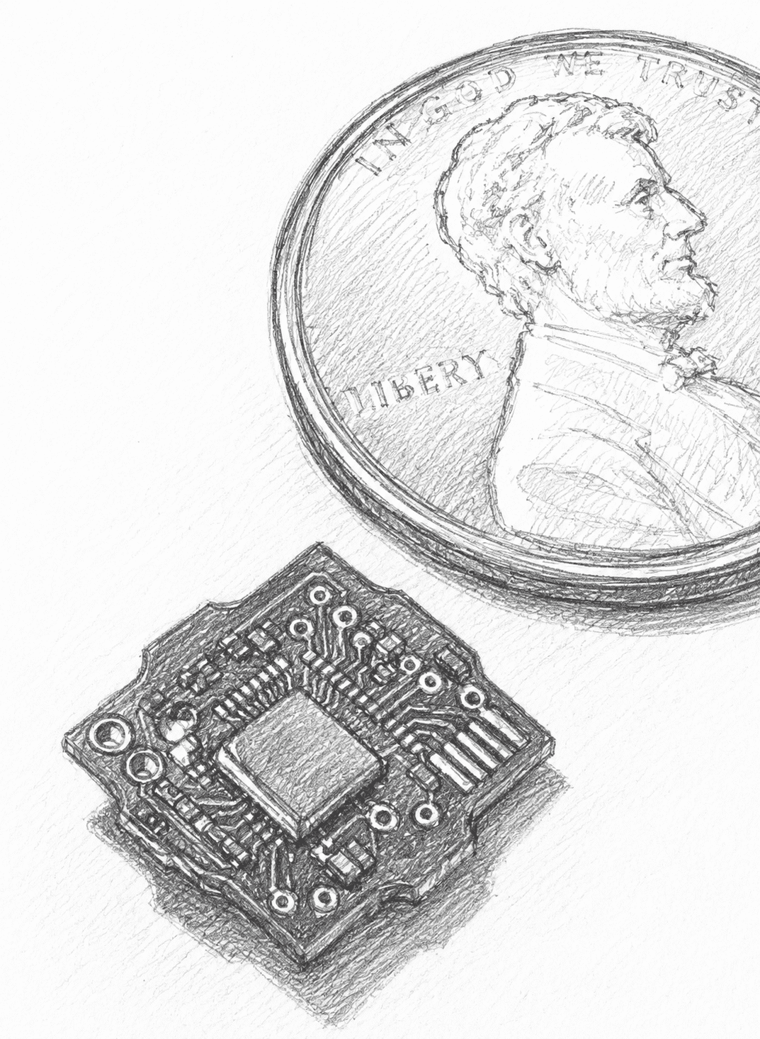 Miniature circuit next to coin for comparison