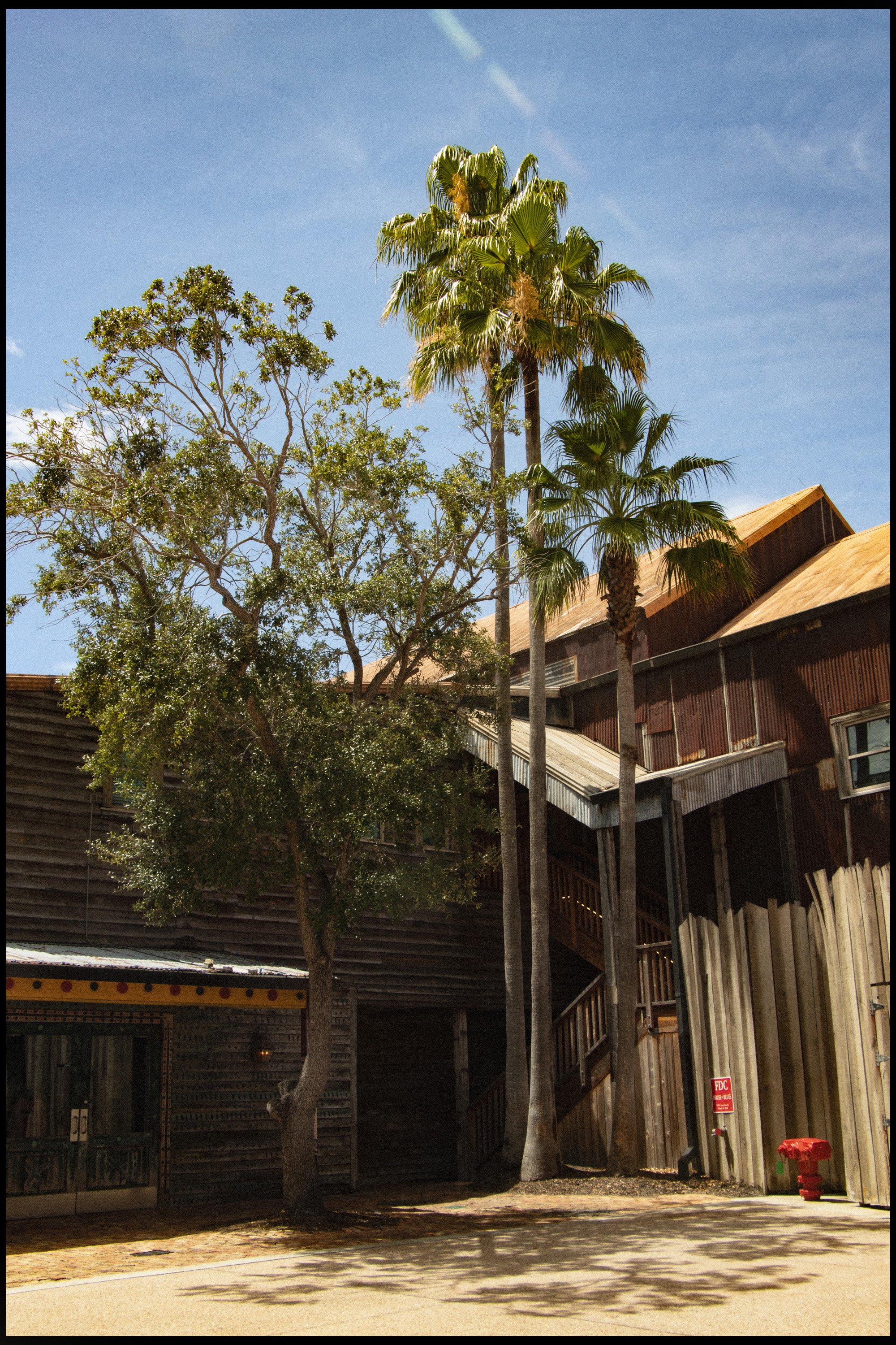 A wooden building with a sloped roof, trees, and a clear blue sky with a few clouds. The building features stairs, a small deck, and a fire hydrant in the foreground.