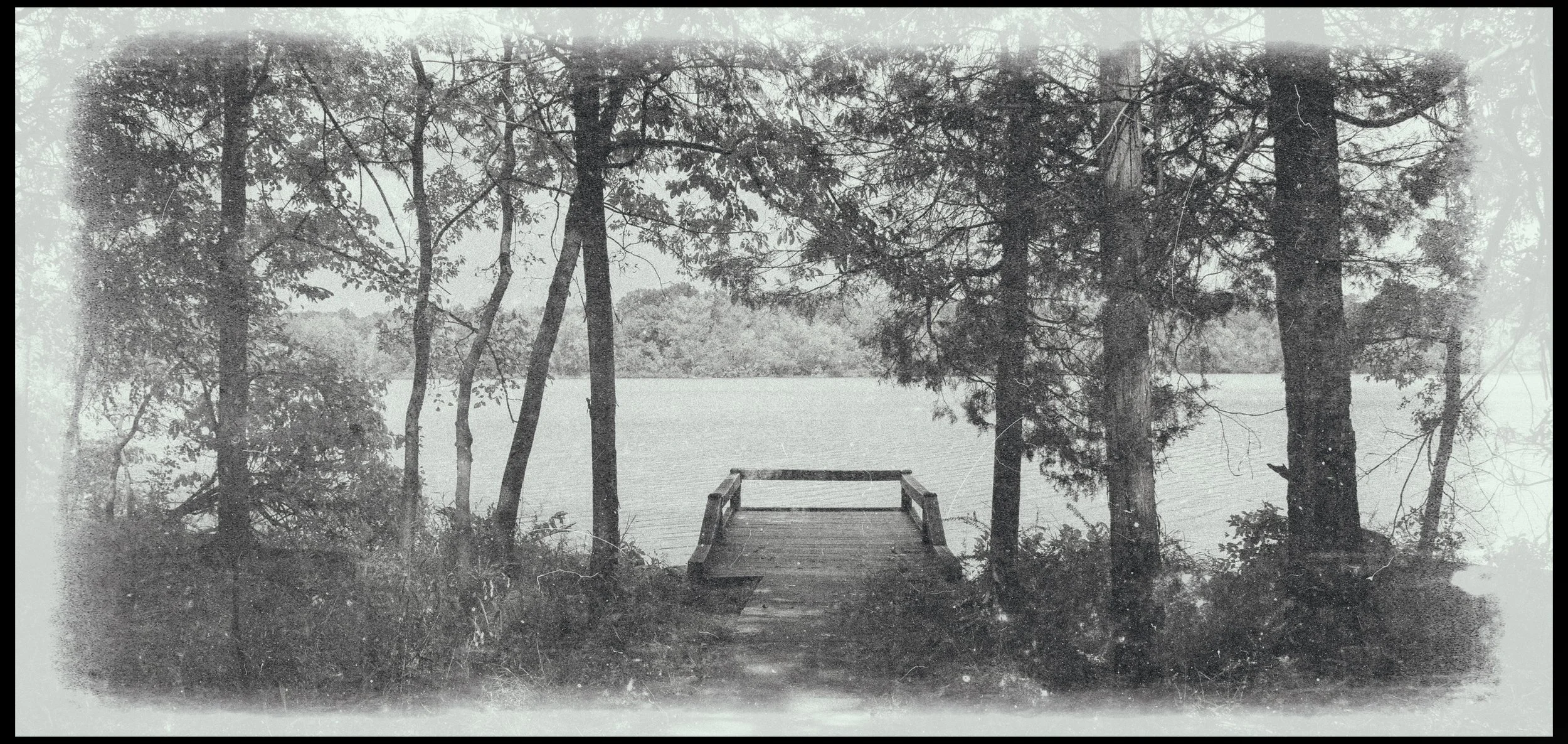 A black and white photo of a wooden dock extending over a lake, surrounded by trees, with a distant view of more trees across the water.